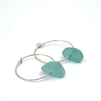 Reef Blue Sea Glass and Sterling Silver Hoop Earrings