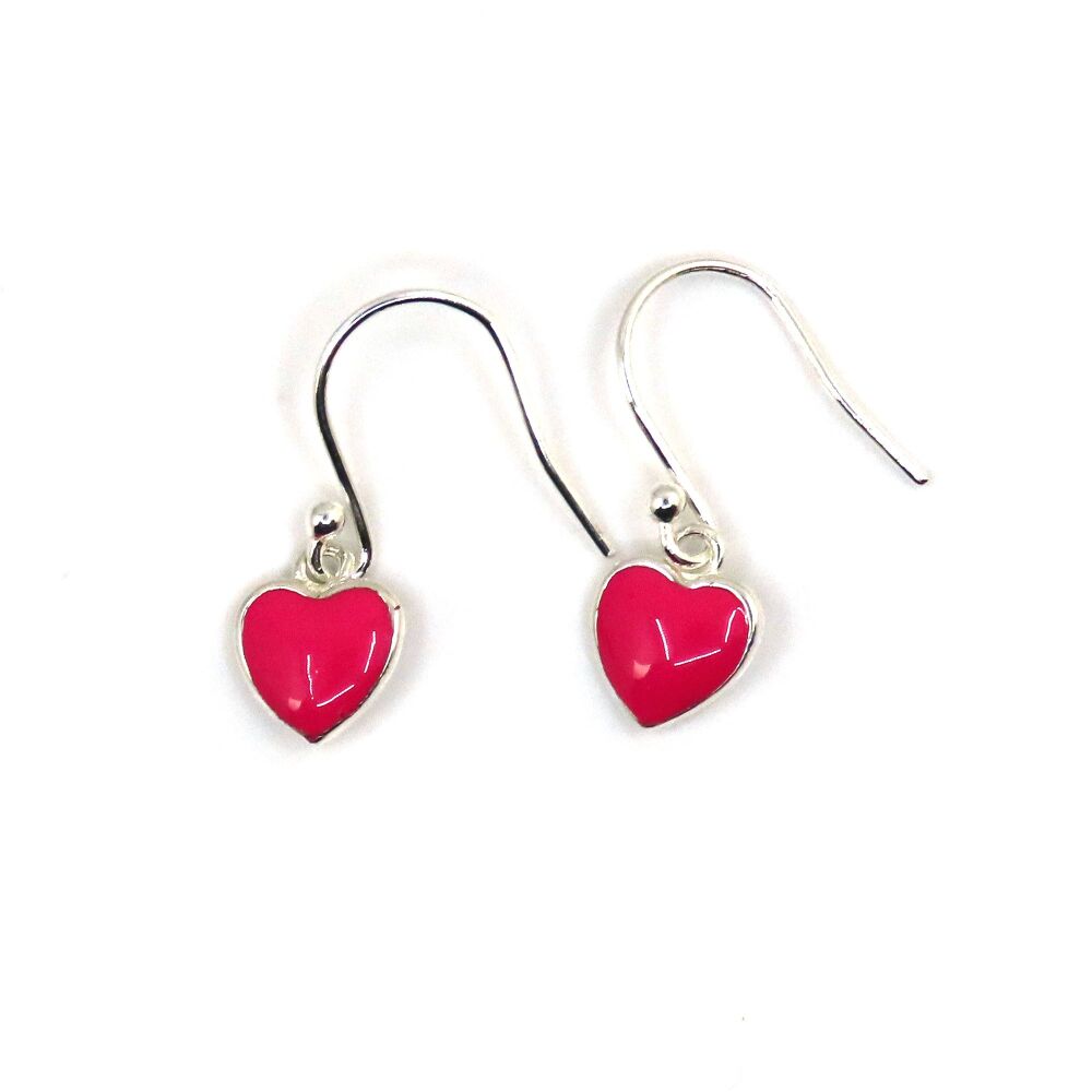 Tiny Sterling Silver and Pink Heart Drop Earrings