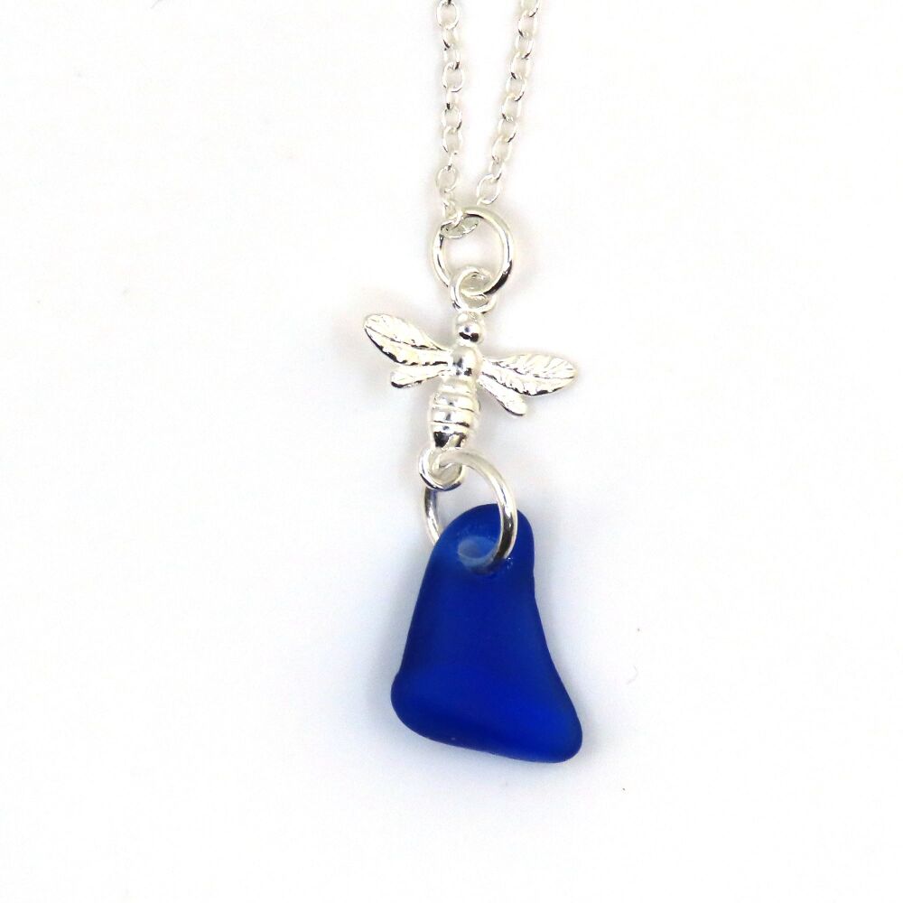 Cobalt Blue Sea Glass and Sterling Silver Bee Drop Necklace