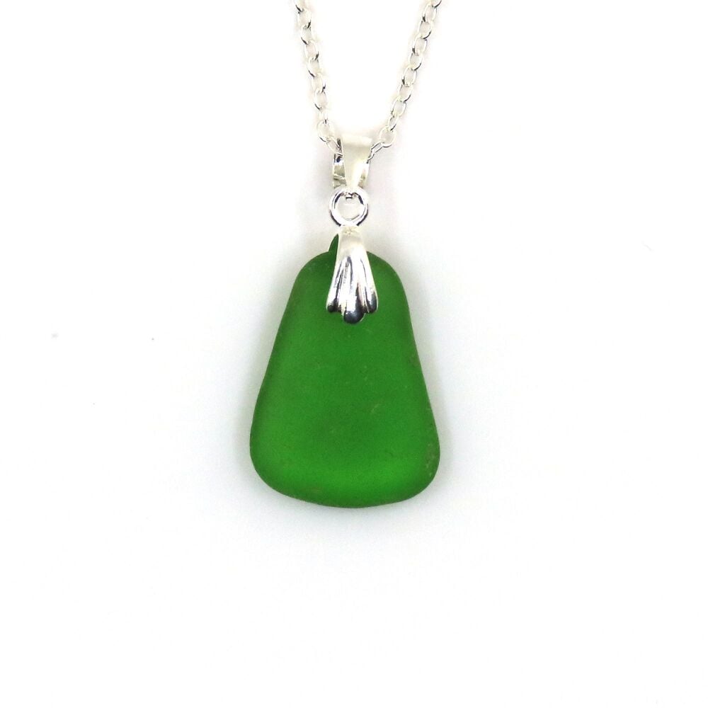 Emerald Green Sea Glass and Silver Necklace ISLA