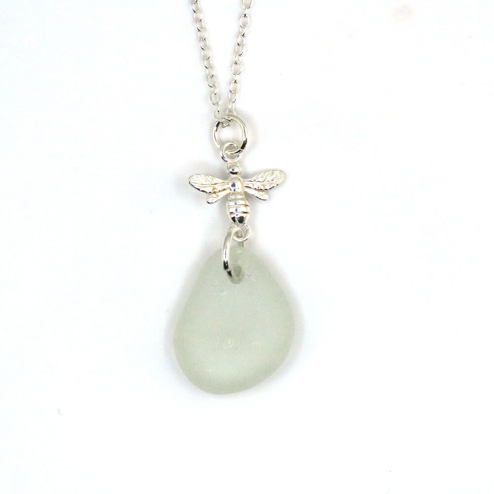 Seaspray Sea Glass, Sterling Silver Bee Charm Pendant Necklace