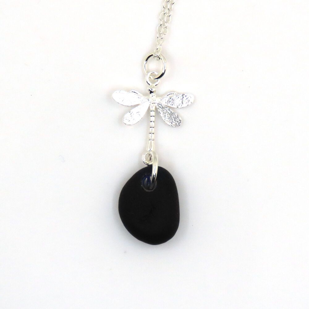 Cobalt Blue Sea Glass and Sterling Silver Dragonfly Drop Necklace