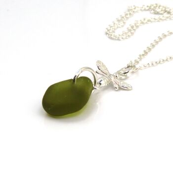 Peridot Sea Glass and Sterling Silver Bee Drop Necklace