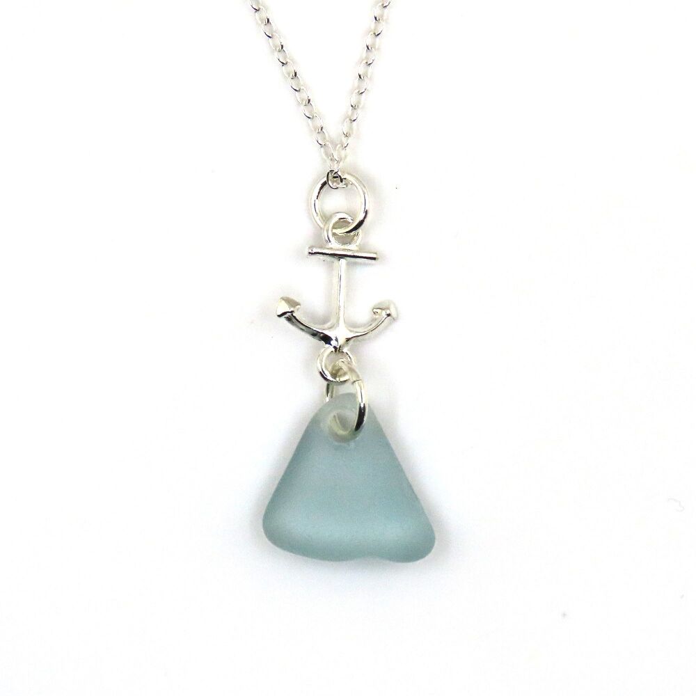 Pale Blue Sea Glass, Sterling Silver Anchor Charm Pendant Necklace