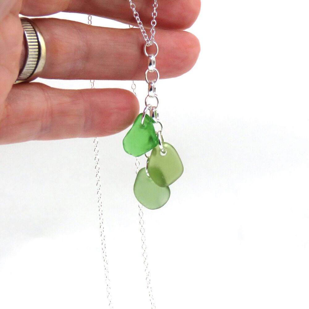 Shades of Green Sea Glass and Sterling Silver Cluster Necklace  GAIL
