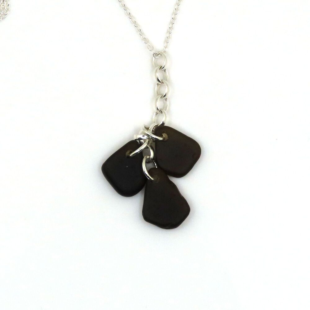 Black Sea Glass Cluster Necklace, Trio of Seaglass