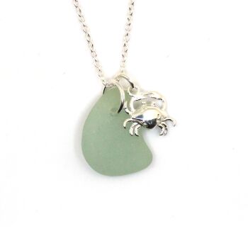 Seafoam  Sea Glass and Sterling Silver Crab Charm Necklace