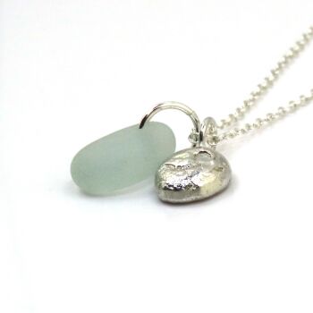 Seafoam Sea Glass Gem and Recycled Sterling Silver Pebble Necklace