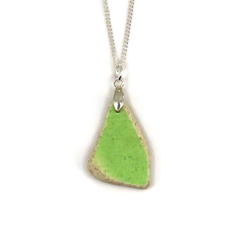 Lime Green Beach Pottery on Sterling Silver Necklace