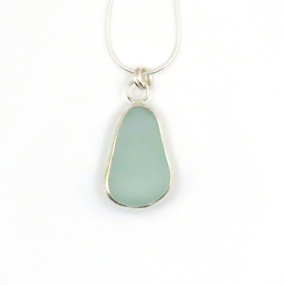 Bezel Set Seafoam Blue Sea Glass Pendant Necklace MAE