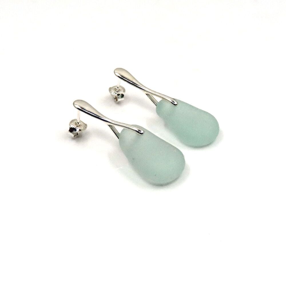 Pale Blue Sea Glass Sterling Silver Stud Earrings e348