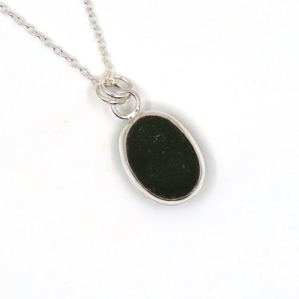 Bezel Set Forest Green Sea Glass Pendant Necklace CLAIRE