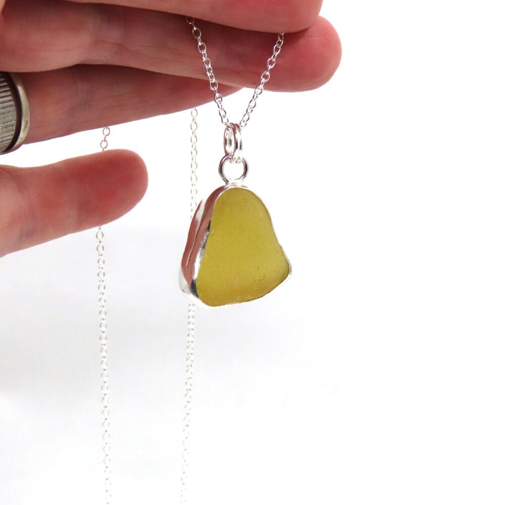 Bezel Set Honey Amber Sea Glass Pendant Necklace  CAYLA