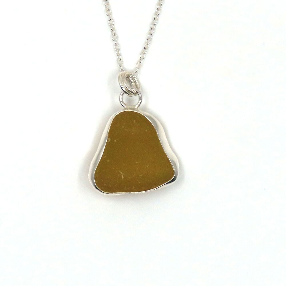 Bezel Set Honey Amber Sea Glass Pendant Necklace  CAYLA