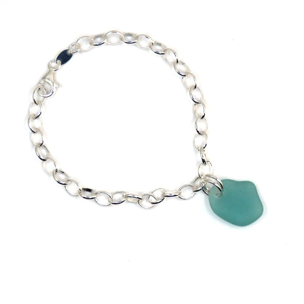 Sea Glass Bracelet,  Aqua Blue, Sterling Silver Bracelet