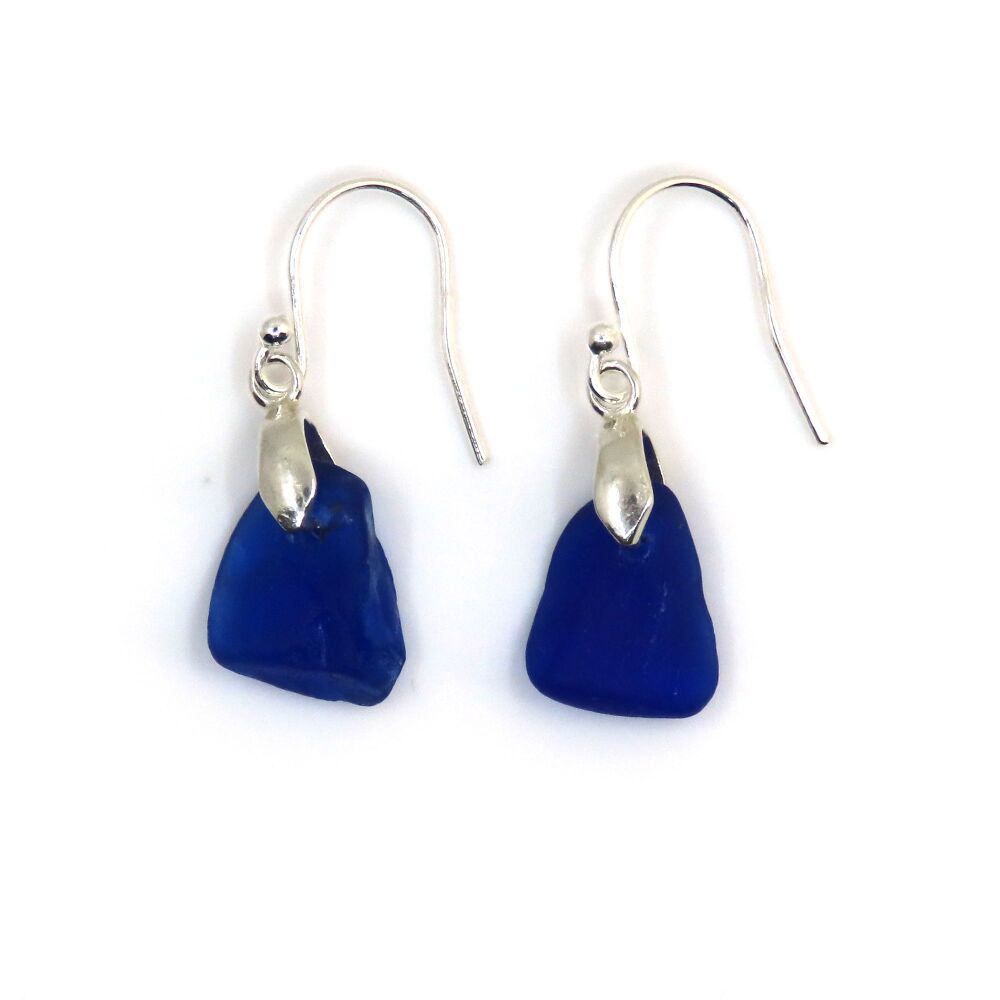 Sea Glass Earrings, Cobalt Blue, Sterling Silver Earrings