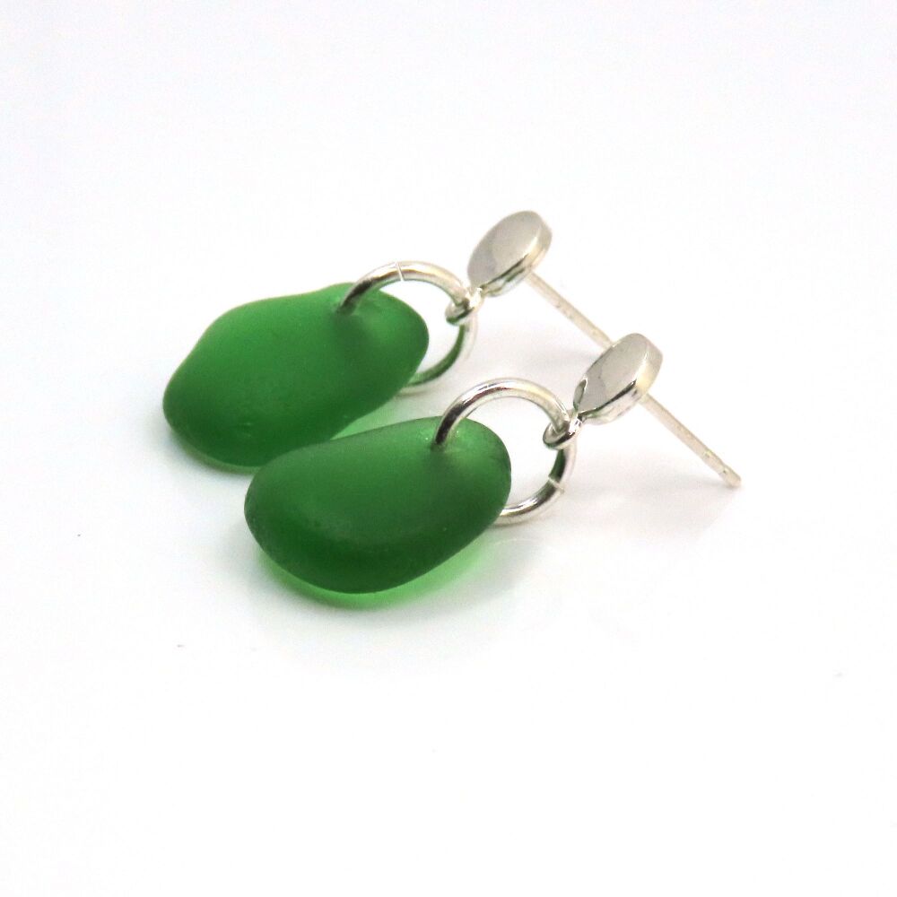 Green Sea Glass Sterling Silver Stud Earrings