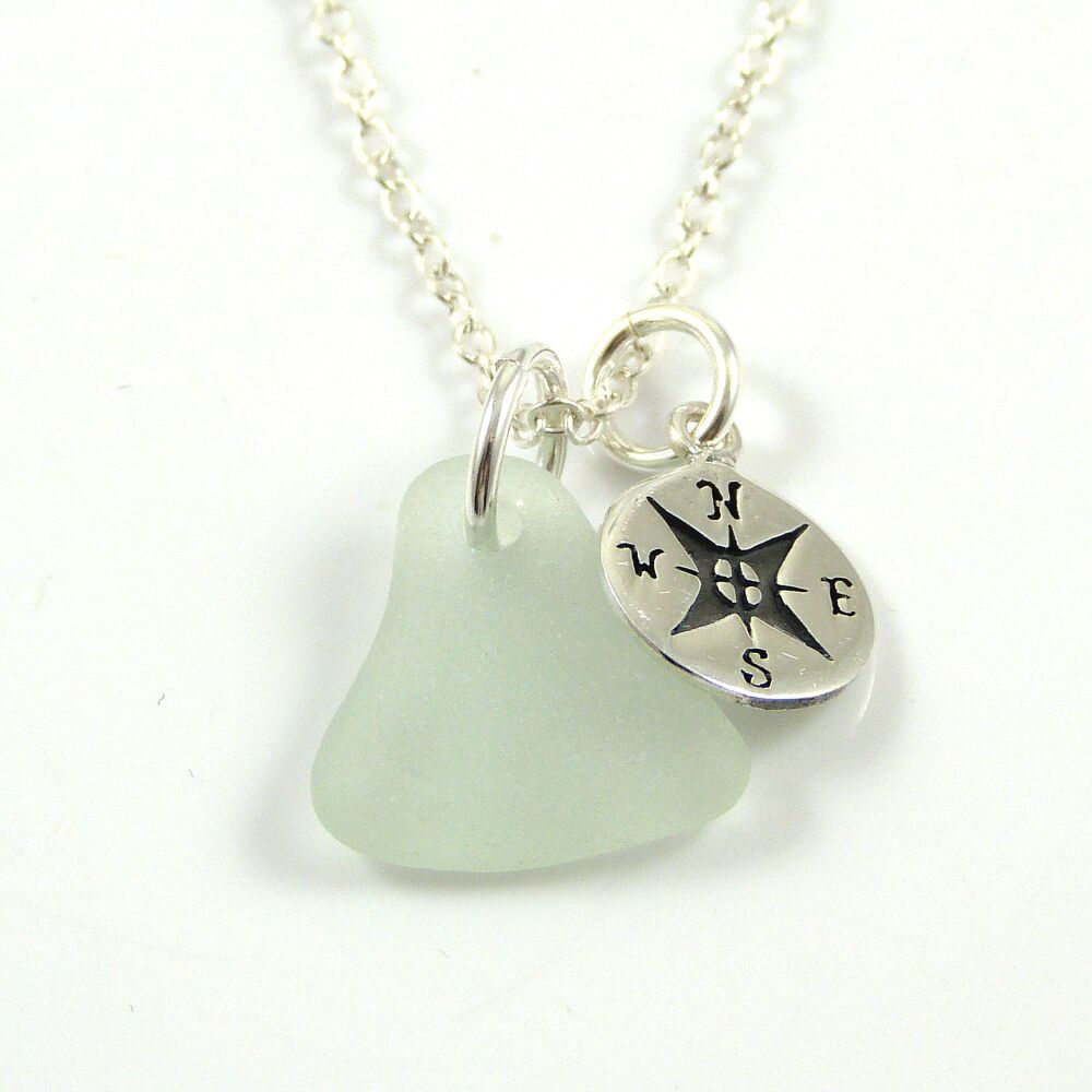 Seafoam Sea Glass and Sterling Silver Compass Necklace