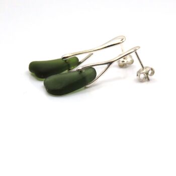 Olive Green Sea Glass Sterling Silver Stud Earrings  e349