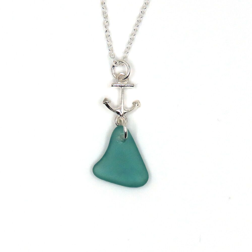 Pale Turquoise Sea Glass, Sterling Silver Anchor Charm Pendant Necklace