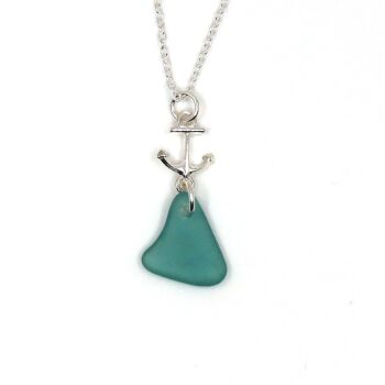 Pale Turquoise Sea Glass, Sterling Silver Anchor Charm Pendant Necklace