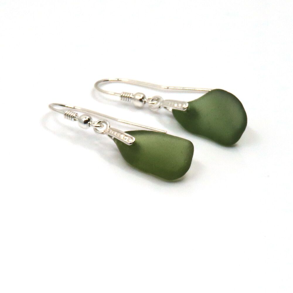 Olive Green Sea Glass and Sterling Silver Earrings e352
