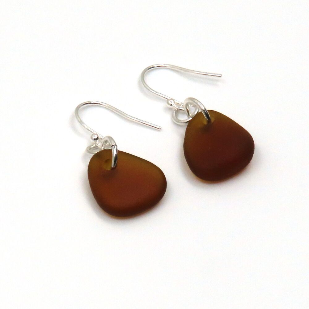 Caramel Sea Glass Sterling Silver Drop Earrings  e353