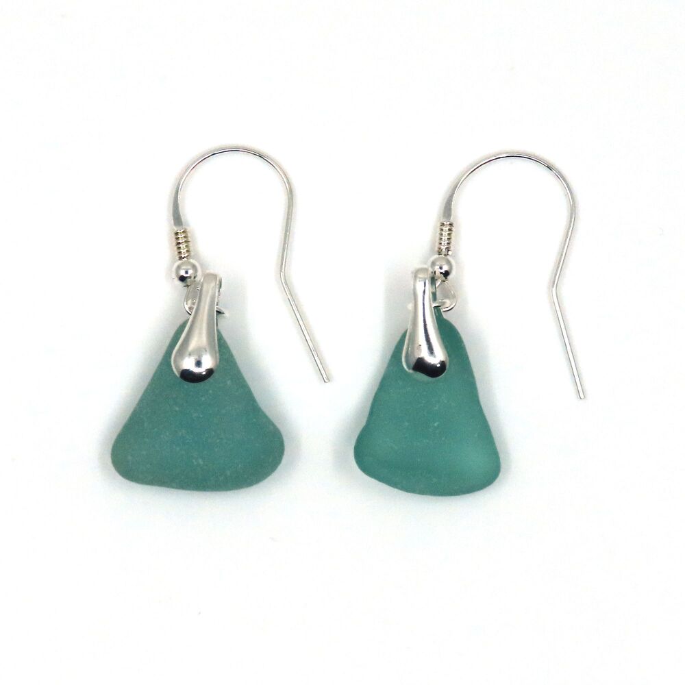 Deep Teal Sea Glass Sterling Flower Silver Drop Earrings e351