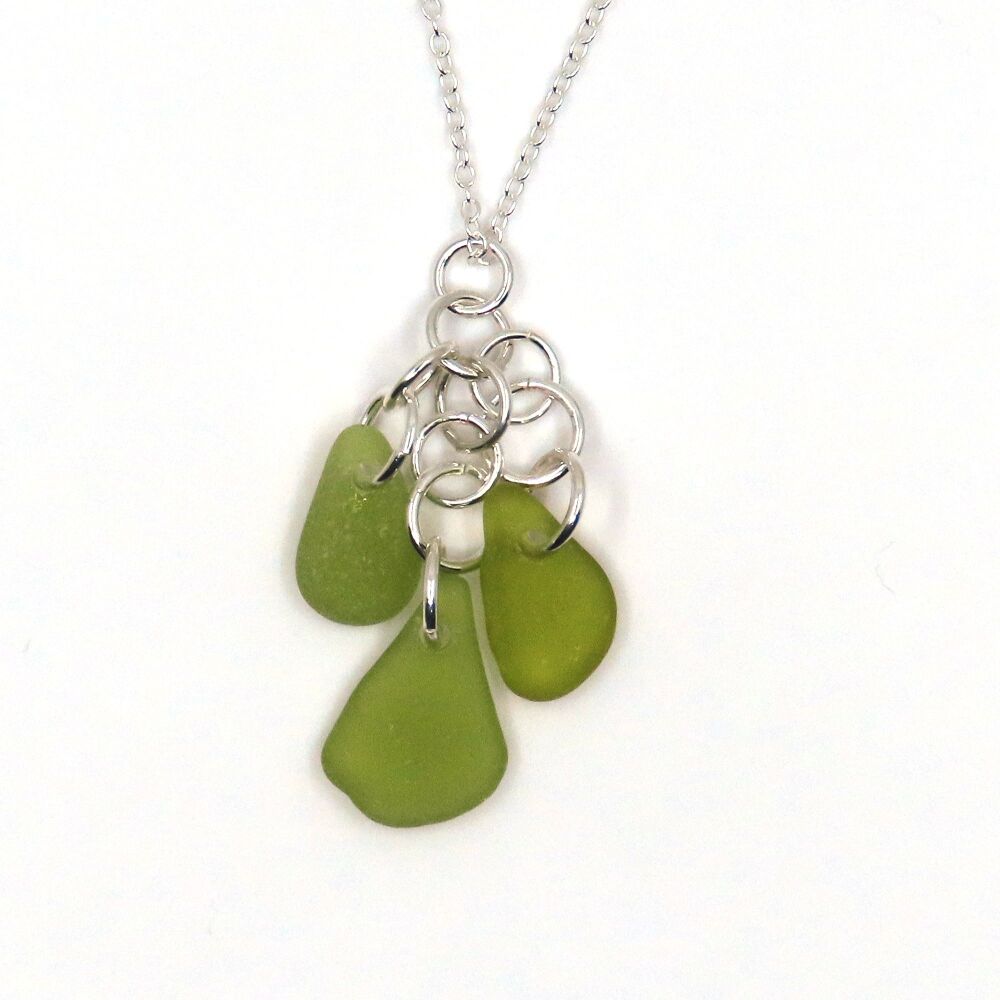 Shades of Lime Sea Glass and Sterling Silver Cluster Necklace