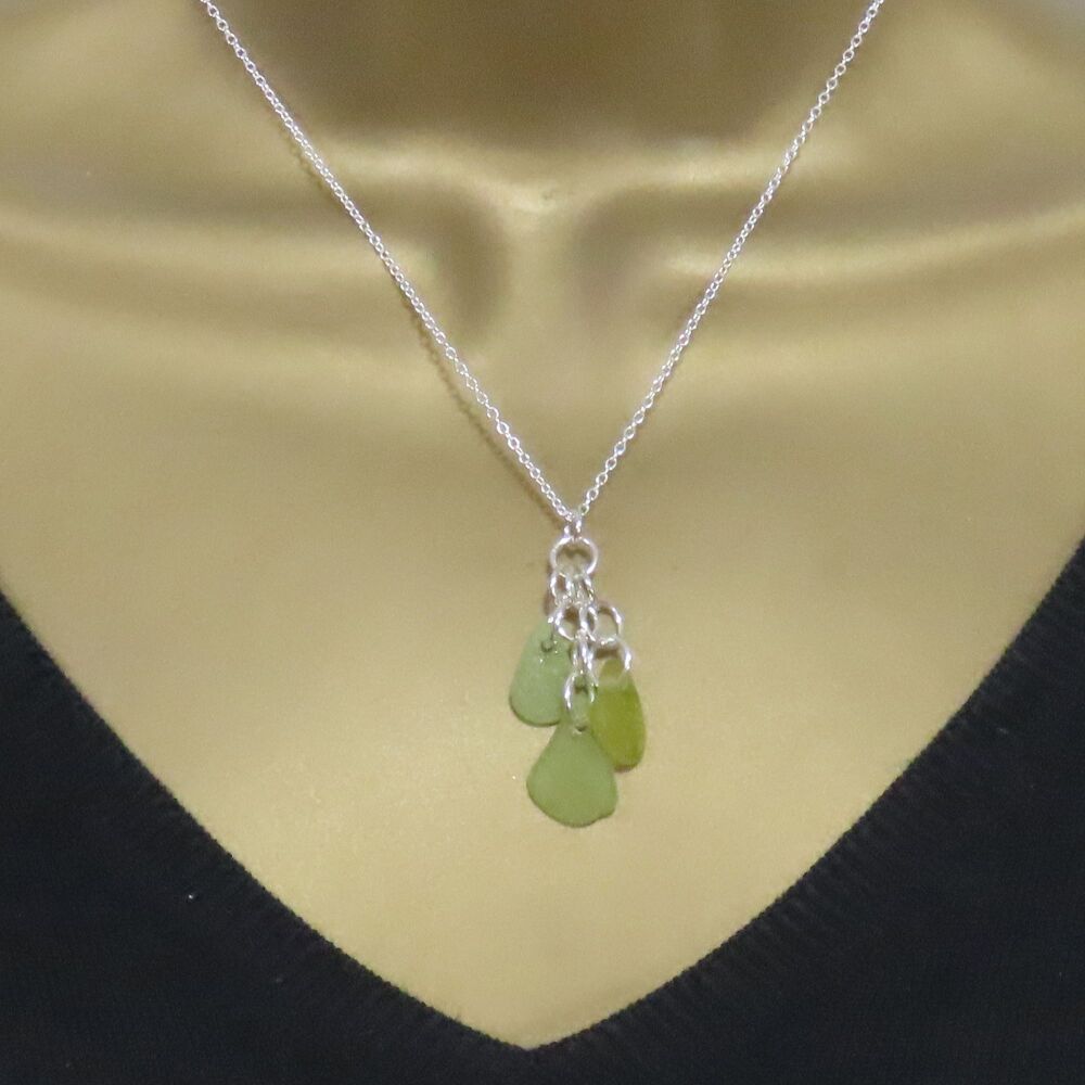 Shades of Lime Sea Glass and Sterling Silver Cluster Necklace PHOEBE