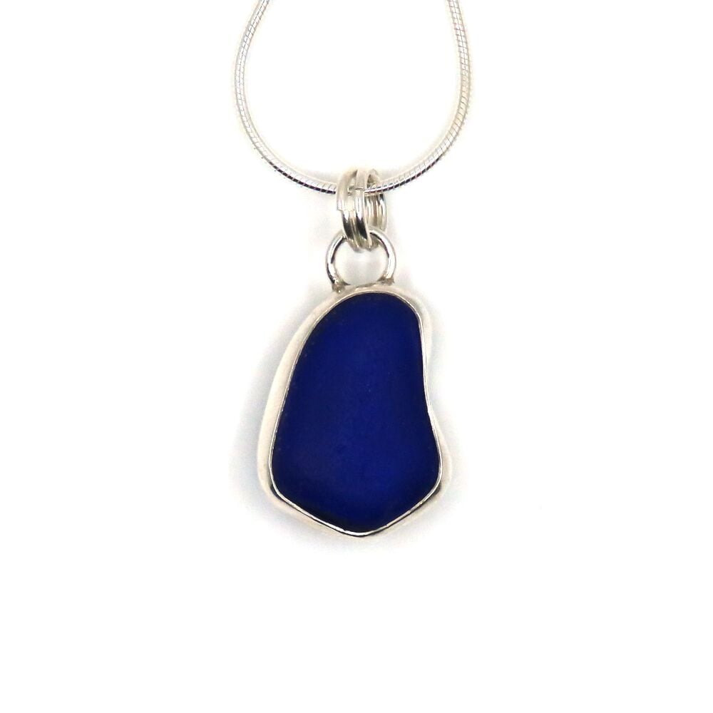 Rare Cobalt Blue Sea Glass Open Back Bezel Set Pendant Necklace CARI