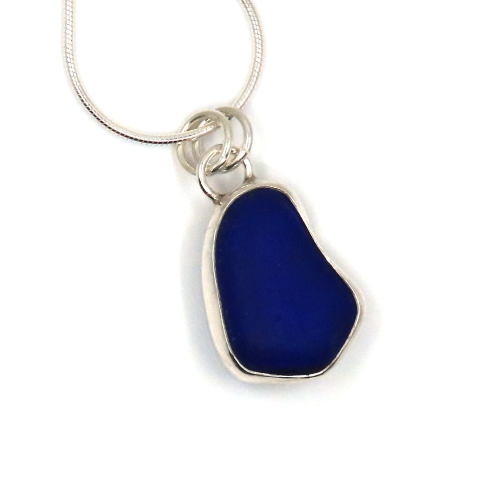 Rare Cobalt Blue Sea Glass Open Back Bezel Set Pendant Necklace CARI