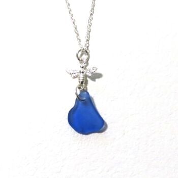 Cobalt Blue Sea Glass and Sterling Silver Bee Drop Necklace