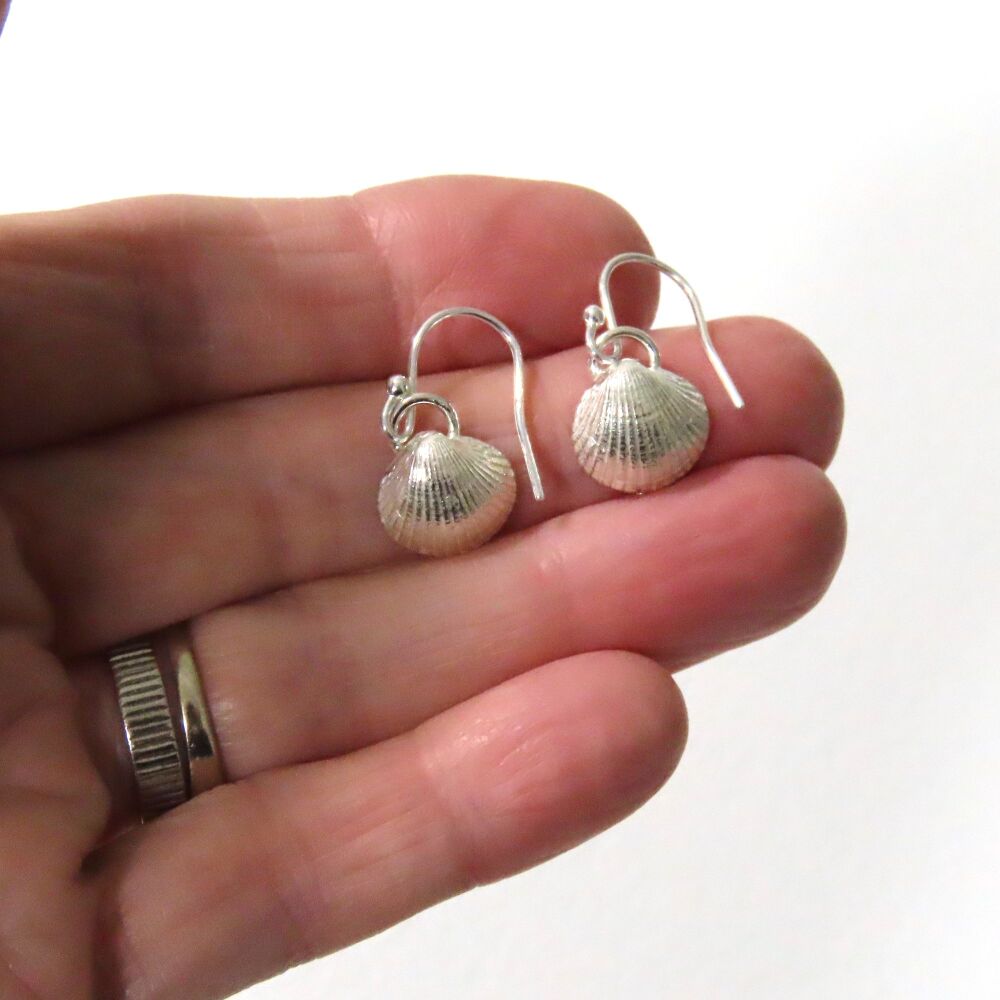 Tiny Sterling Silver Cockle Shell Drop Earrings