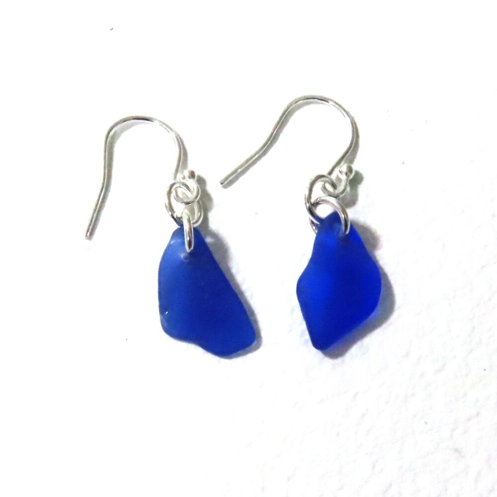 Cobalt Blue Sea Glass Sterling Silver Earrings  e359