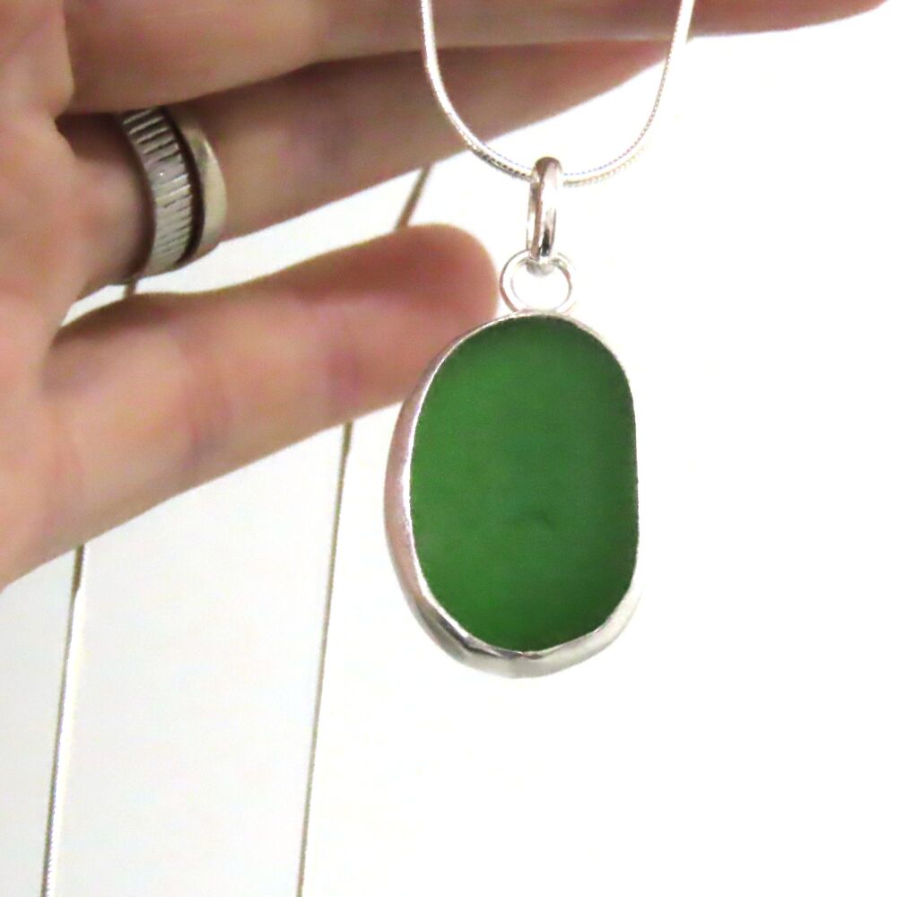Green Open Back Bezel Set Sea Glass Pendant Necklace LOUISE