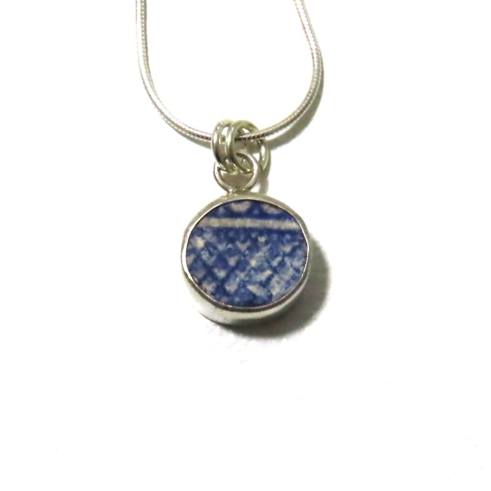 Blue and White Beach Pottery Pendant Necklace WILLOW