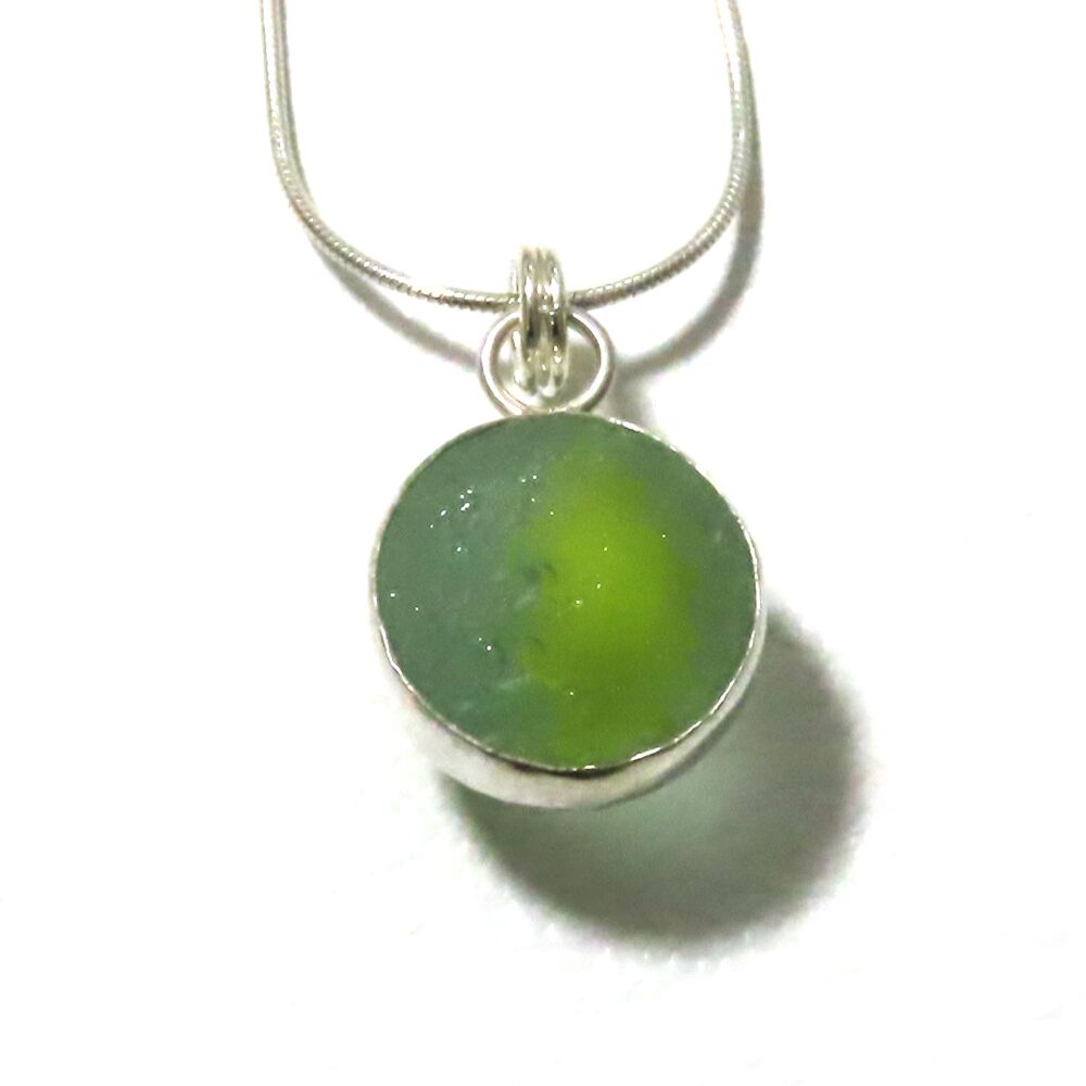 Seafoam and  Yellow English Sea Glass Marble Pendant, Silver Necklace  ALOR