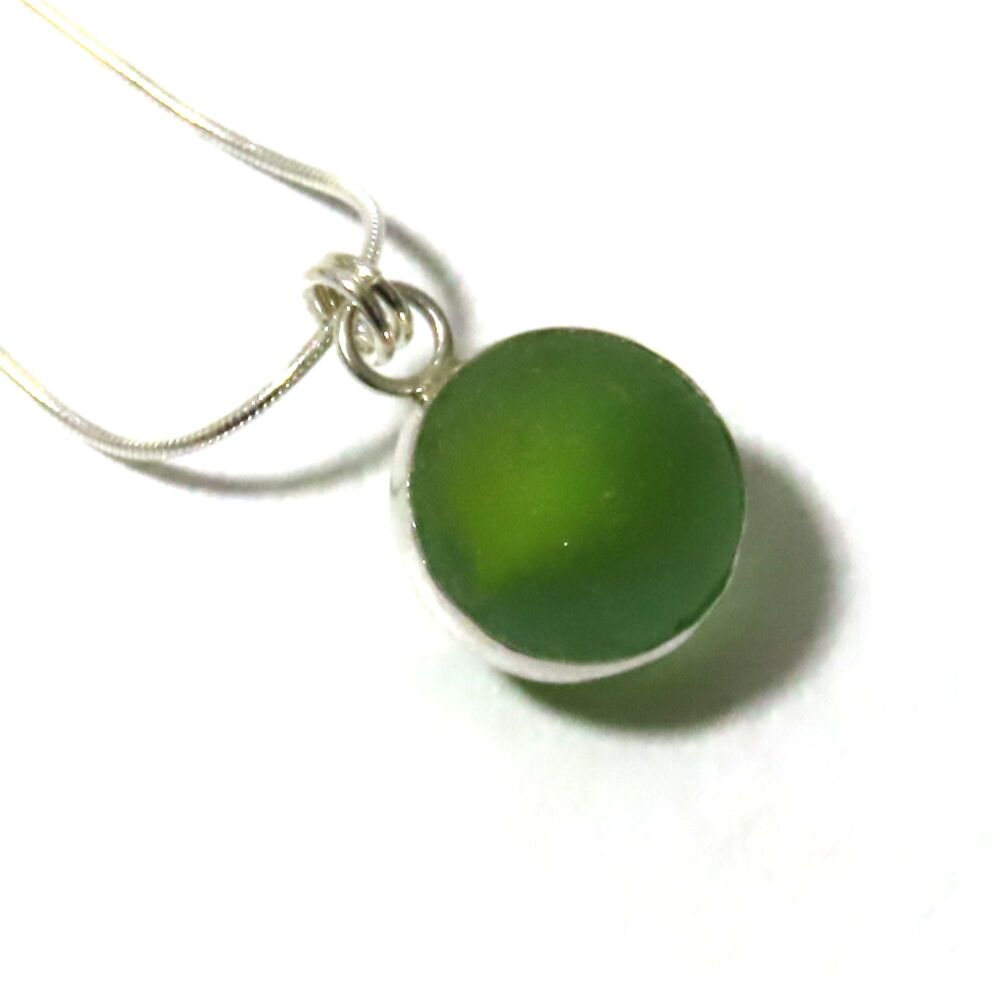 Seafoam Green and Yellow English Sea Glass Marble Pendant, Silver Necklace 