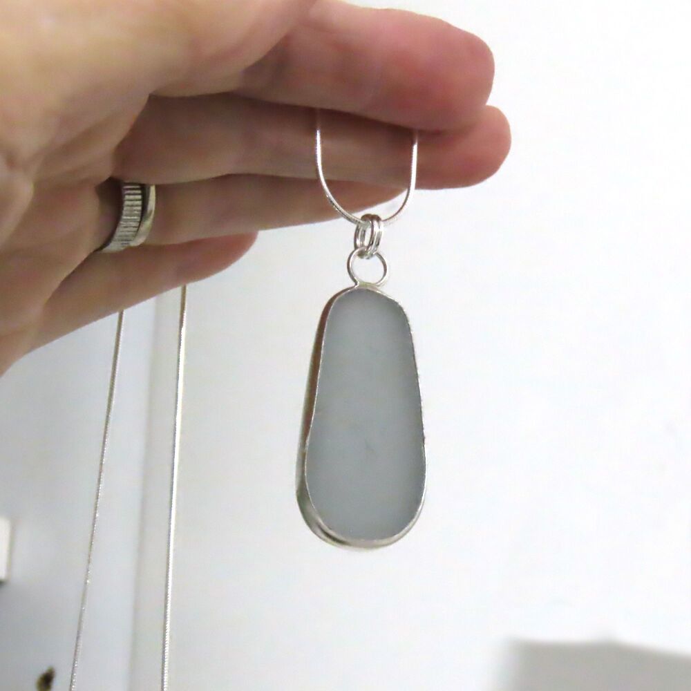 Bezel Set Pale Grey Sea Glass Pendant Necklace GABRIELLA