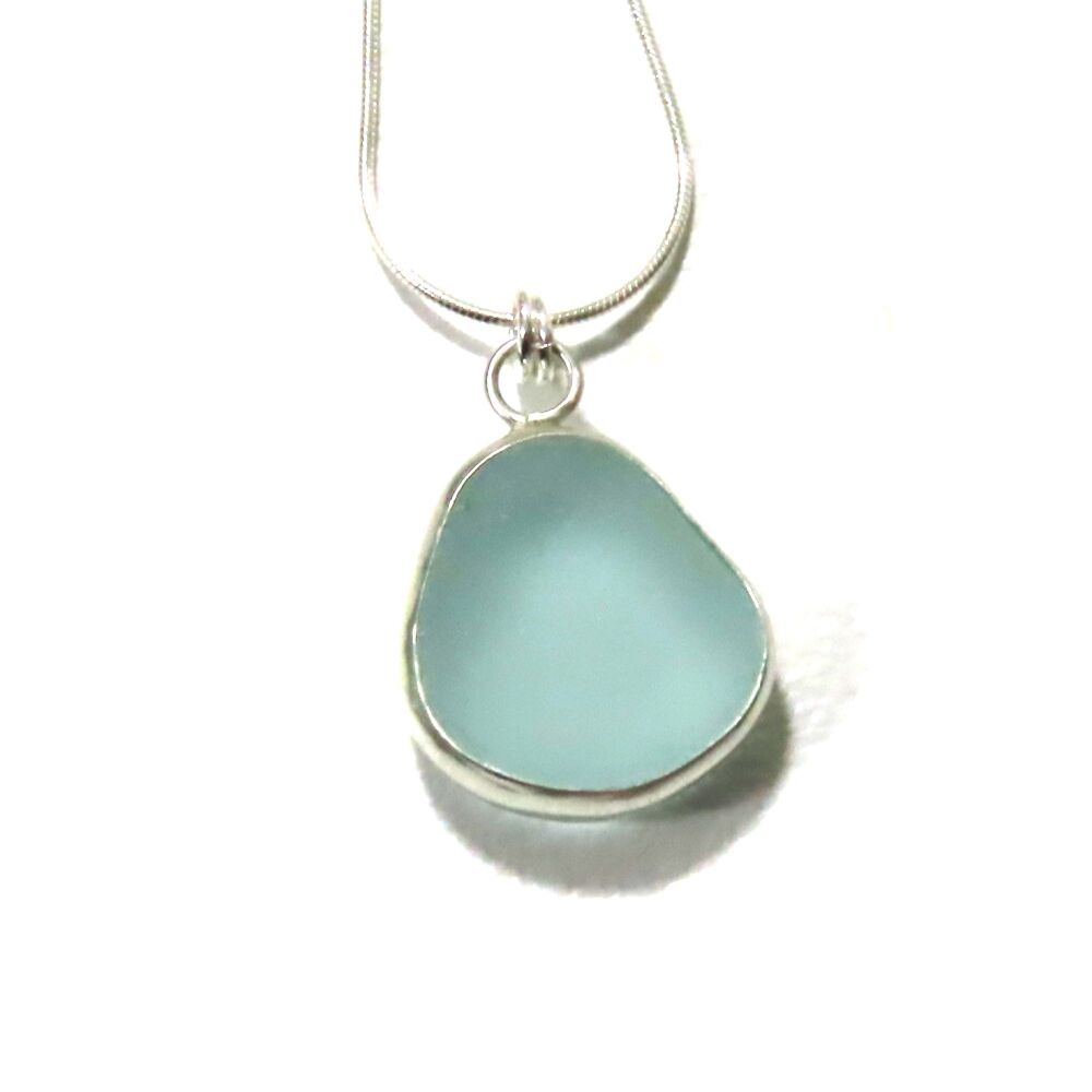 Bezel Set Pale Blue Sea Glass Pendant Necklace EMMA