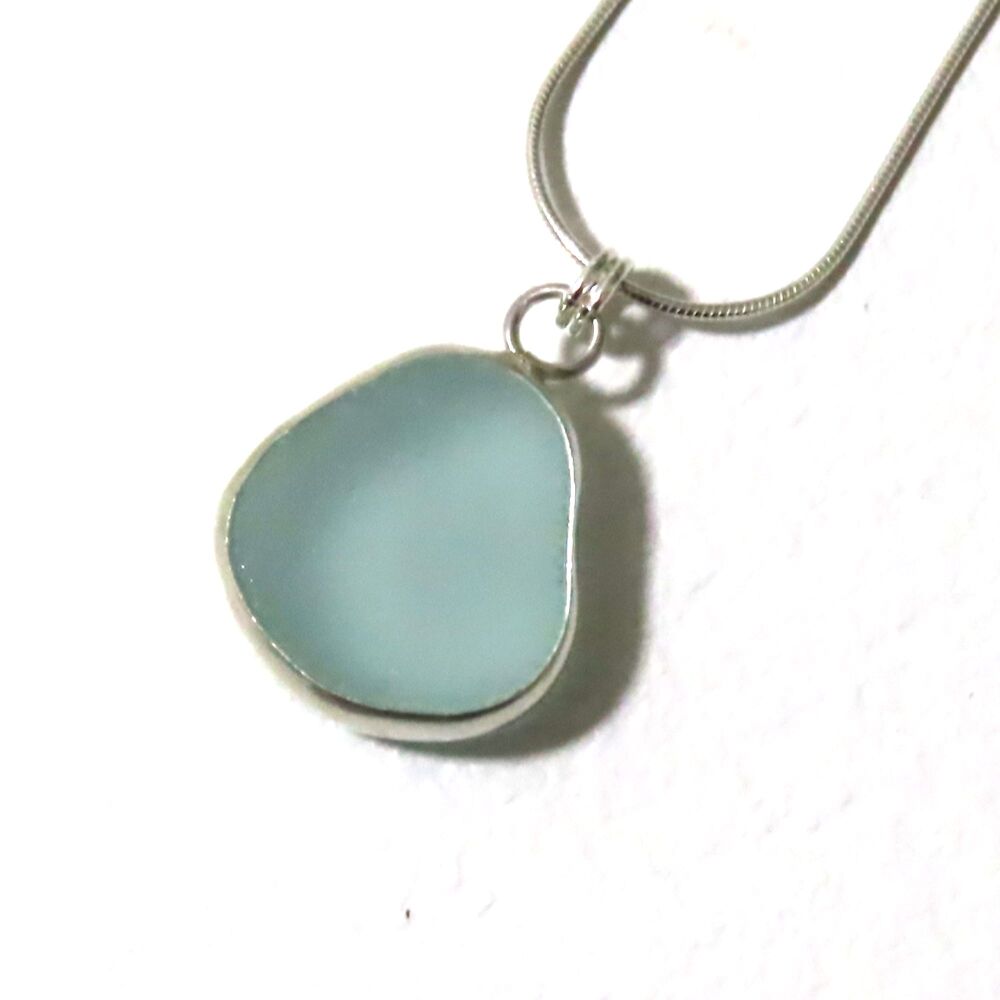 Bezel Set Pale Blue Sea Glass Pendant Necklace EMMA