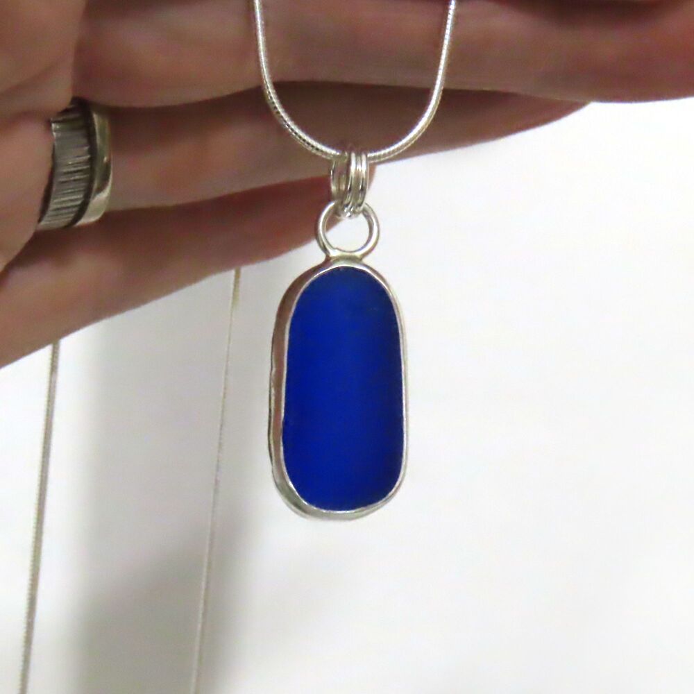 Cobalt Blue Sea Glass Backless Bezel Set Pendant Necklace ADRI