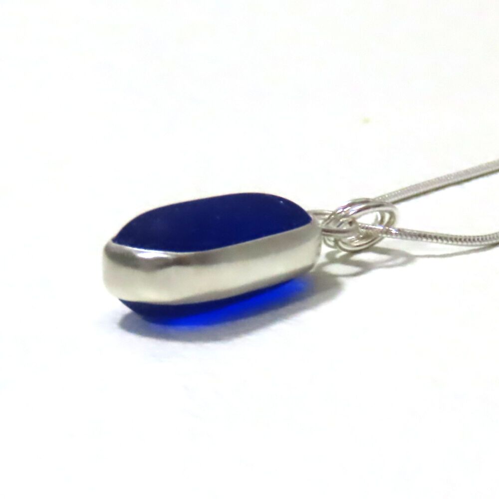 Cobalt Blue Sea Glass Backless Bezel Set Pendant Necklace ADRI