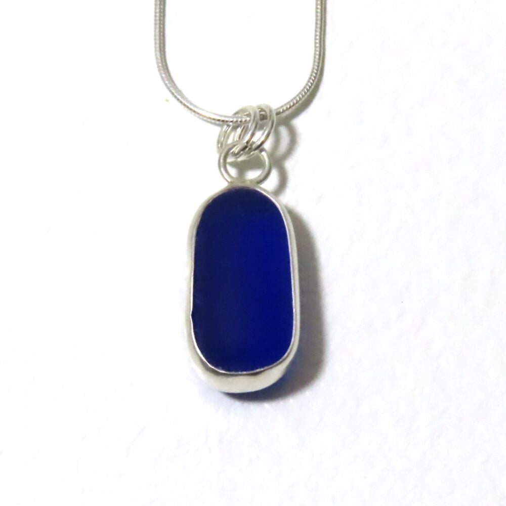 Cobalt Blue Sea Glass Backless Bezel Set Pendant Necklace ADRI