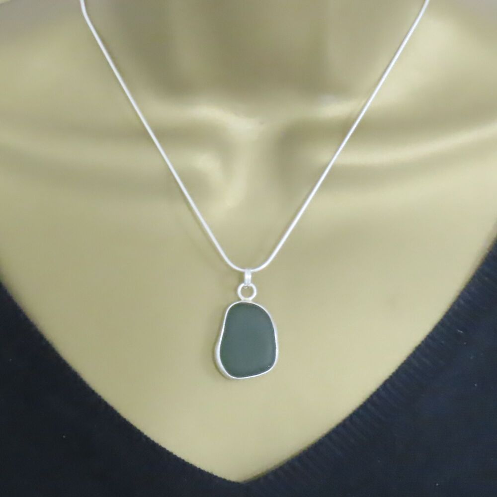 Dark Green Blue Bezel Set Sea Glass Pendant Necklace LUCIE