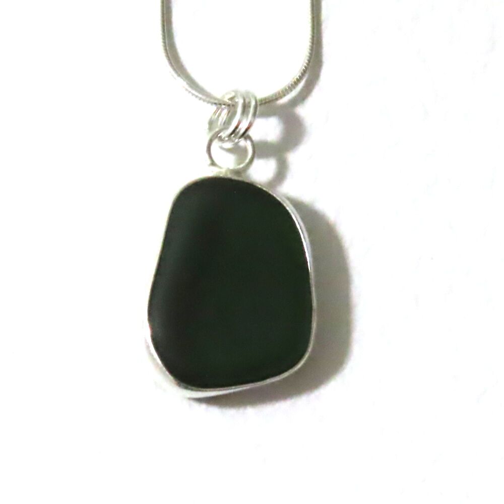 Dark Green Blue Bezel Set Sea Glass Pendant Necklace LUCIE