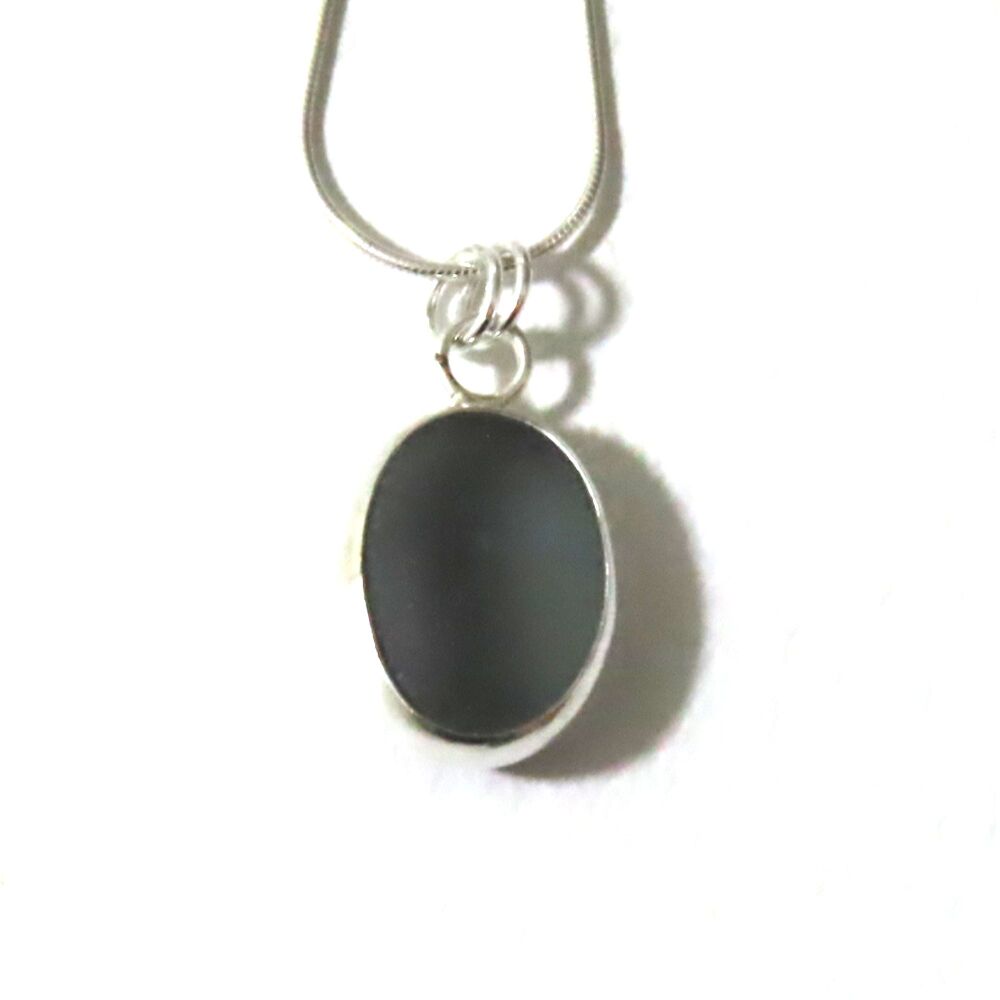 Bezel Set Grey Sea Glass Pendant Necklace LEA