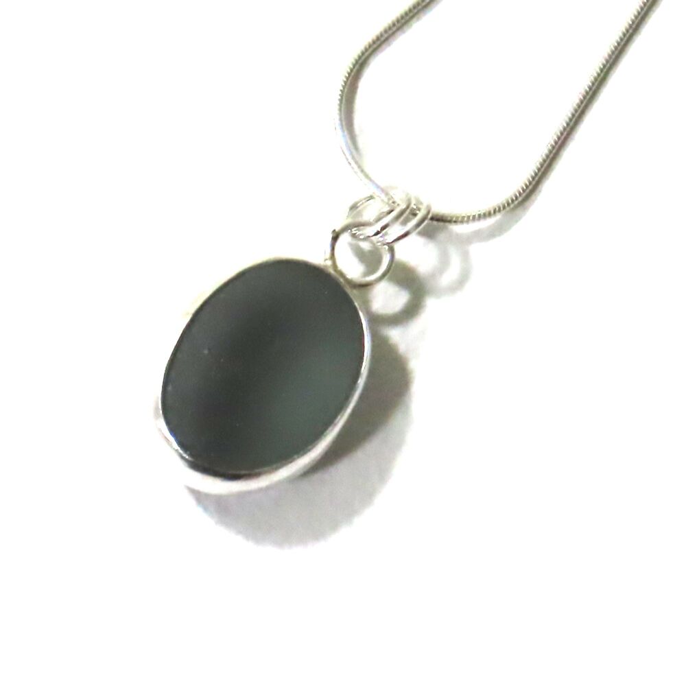 Bezel Set Grey Sea Glass Pendant Necklace LEA