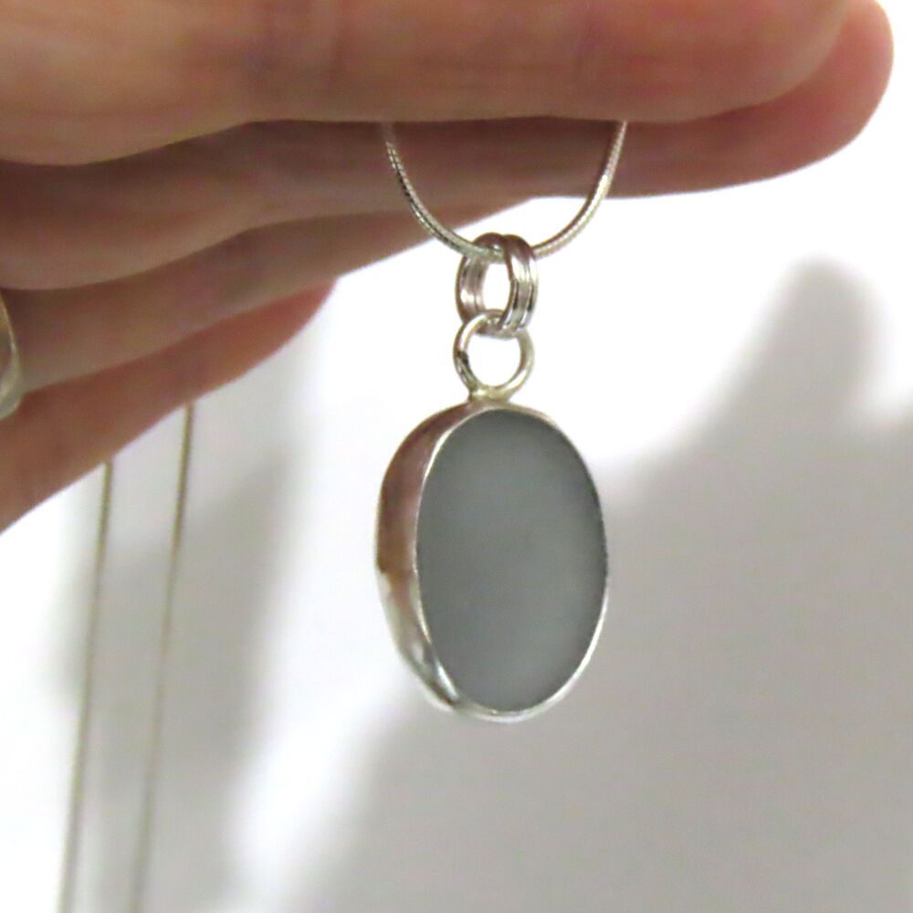 Bezel Set Grey Sea Glass Pendant Necklace LEA